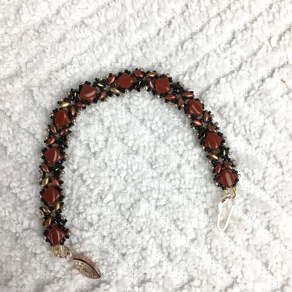 HANDMADE Rust, Gold & Brown Beadwoven Bracelet 7”